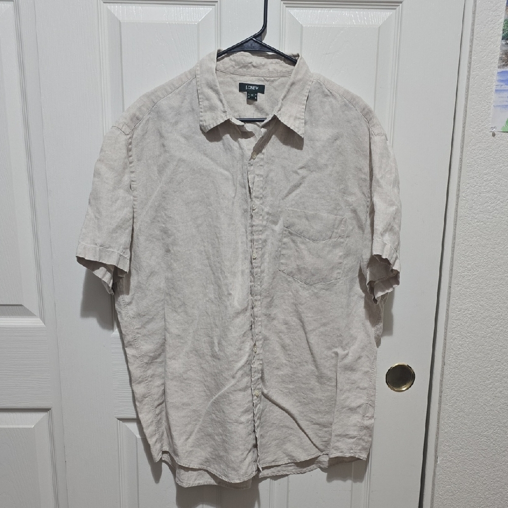 J Crew Mens Beige 100% Linen Short Sleeve Button Down Shirt XL